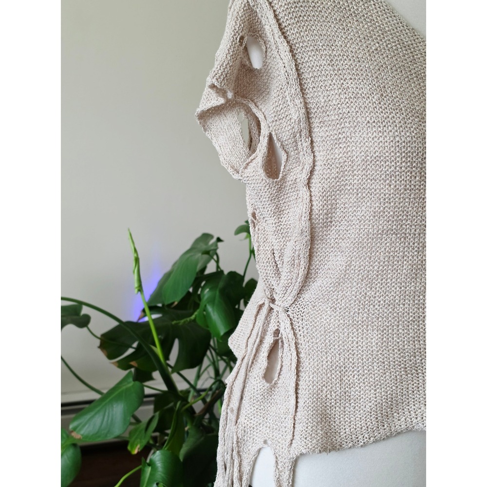 MARA GIBBUCCI Beige Lagenlook V-Neck Knit Top Side Tie Tassels Open Stitch M - Picture 8 of 16